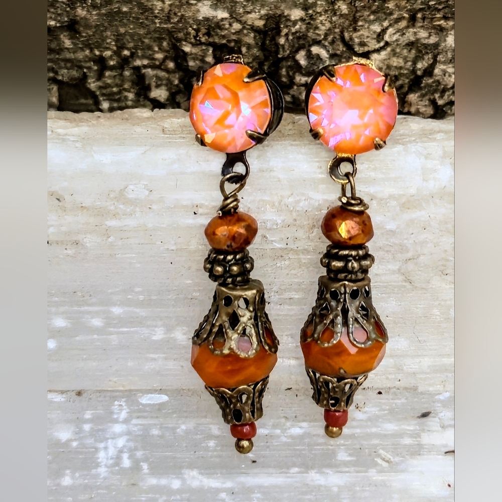 Victorian Rustic Autumn's Pumpkin Orange Crystal & Glass In Brass Earrings